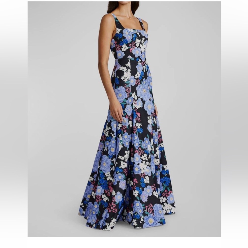 Zac Posen Black Floral Maxi Dress Gown with Blue & White Flowers- DESIGNER